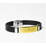 Bracelete Masculino Crucifixo Dourado Couro Sintético