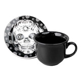 Set De 4 Tazas Y Platos De Cerámica 200 Ml Decorada Calavera Color Negro Calavera Negra