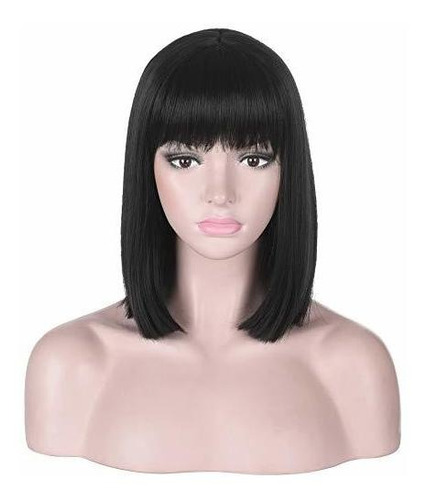 Pelucas - Deifor Short Straight Black Bob Wig With Bangs For