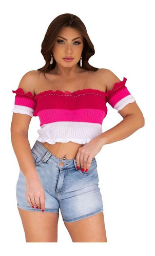 Cropped Blusa Ciganinha Ombro Babado Tricot Verão