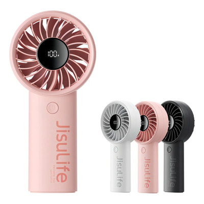 Ventilador portátil de mano JISULIFE, 12 aspas, 5 velocidades, pantalla LED, batería de 5000 mAh, 15 horas de refrigeración, ideal para viajes, conciertos y sesiones de maquillaje - Rosa | Meses sin interés