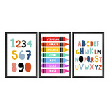 Kit 3 Quadros Decoração Infantil Alfabeto Lápis Coloridos