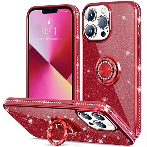 Funda Para iPhone 13 Pro Anillo Brillos Y Glitter Rojo Vino