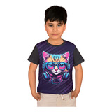 Camiseta Infantil Gato Cat Fone Music Neon Moda Kids