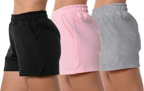 Kit 03 Shorts Feminino Curto Bermuda Moletom Bolsos Fitness