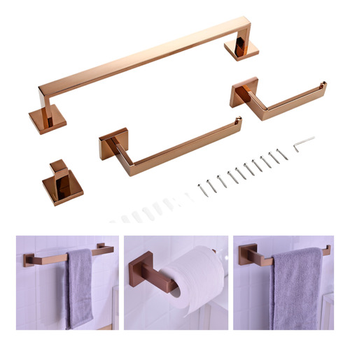 Kit 4 Acessórios Banheiro Porta Toalhas Aço Inox Rose Gold