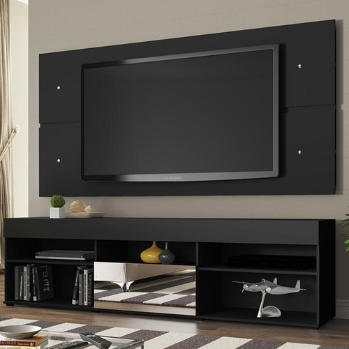 Rack Painel Para Tv Quarto 65 Polegadas Madesa London 1 Porta Espelho Cor Preto 70038n1-1e