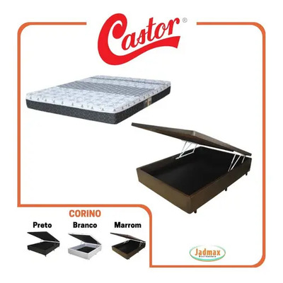 Cama Box Baú Casal + Colchão Casal Castor Class Bonnel Cor Corino Marrom