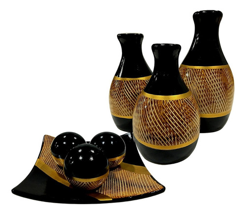 Jogo Ceramica Decorativo Centro Mesa Sala Enfeite Conjunto Cor Leticia Preto Dourado