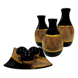 Jogo Ceramica Decorativo Centro Mesa Sala Enfeite Conjunto Cor Leticia Preto Dourado