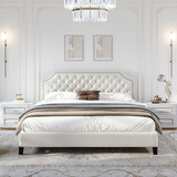 Cama King Size  Con Cabecera Ajustable, Tapizado De Lino Bei