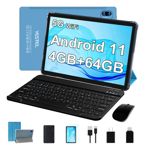 Yestel Azul T13 Tablet 10 Pulgadas Con 4gb Ram 64 Gb Rom Tf 1 Tb Android 11 Hd 5g Wifi Cuerpo De Metal Con Funda Teclado Ratón Bluetooth 5.0 Octa-core 2.0 Ghz Camara 5mp 8mp Gps 8000mah