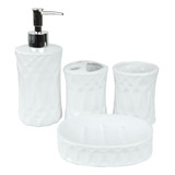 Kit De Banheiro 4 Peças De Cerâmica Em Relevo Branco