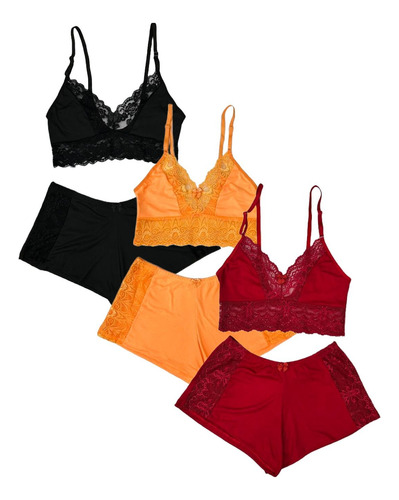 Kit 3 Conjunto Baby Doll Suede Com Renda Pijama
