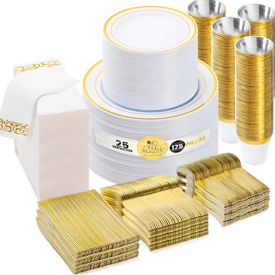 Juego De Vajilla Desechable Elegante Para 25 Personas. 175pz Color Dorado Lisa | Envío gratis