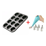 Set Molde De Teflon X12 Muffins + Manga 6 Picos Reposteria