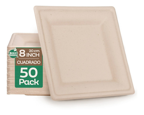 50 Platos Desechables Grandes 100% Compostables 8x8''