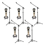5 Kit Microfone Dinâmico C/ Chave Dls8 Dylan + Pedestal