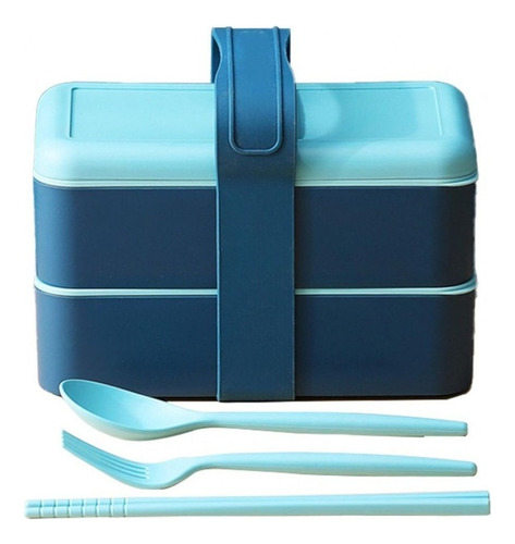 Marmita Bento Box Plást Lanch. 2andares C/ Talheres E Alça Cor Azul Com Verde