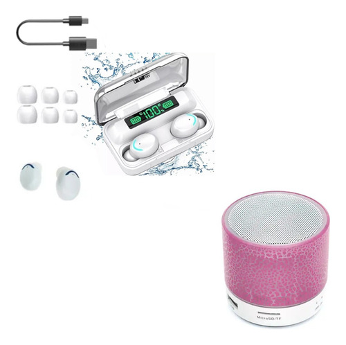 Kit Audífonos Bluetooth F9 Blancos Y Bocinita Portátil Rosa
