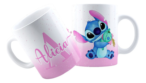 Caneca Xicara Porcelana Personalizada Alfabeto Stitch Rosa