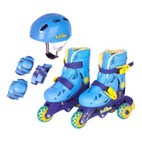 Patins Tri-line Infantil Ajustável Com Kit Proteção Azul