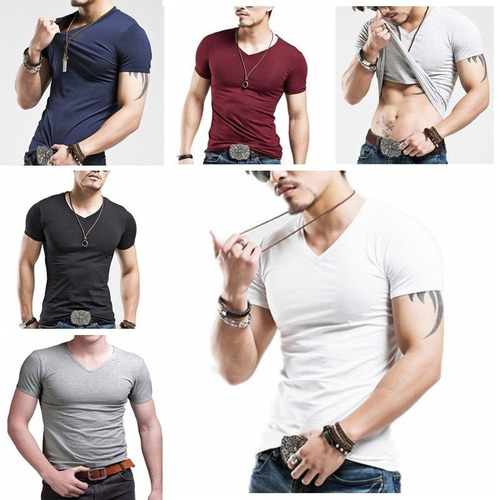 Pack X 5 Remeras Entalladas Slim Fit Hombre Escote V Algodon