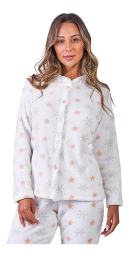 Pijama Feminino Fleece Floquinho Inverno Botão Aberto