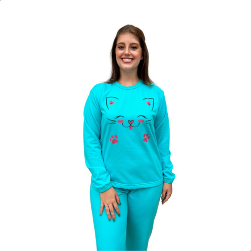 Pijama De Moletinho Flanelado Feminino Liso Azul Turquesa