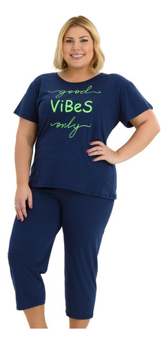 Pijama Feminino Pescador Plus Size De Algodão Good Vibes