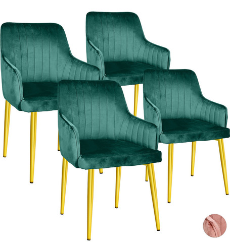 Set 4 Sillas Sillones Comedor Modernos Terciopelo Elegantes Estructura De La Silla Dorado Asiento Verde Oscuro