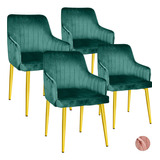 Set 4 Sillas Sillones Comedor Modernos Terciopelo Elegantes Estructura De La Silla Dorado Asiento Verde Oscuro