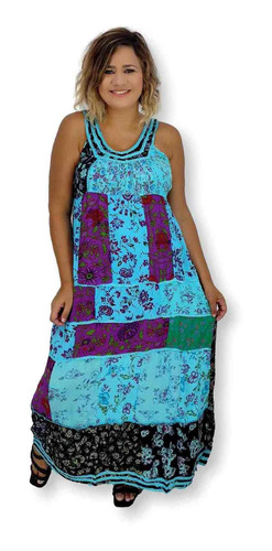 Vestido Longo Regata Patchwork Indiano Bordado