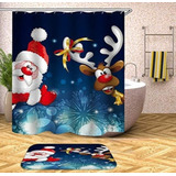 Cortina De Baño Tela Navidad Diseños 180x180cms + 12 Ganchos Color Segun Diseño Santa Y Reno Fondo Azul