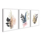 Quadro Decorativo Sala Trio Branco Abstrato Floral Delicado