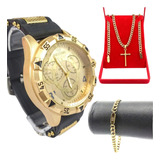 Relógio Top Masculino Dourado + Colar + Pingente E Pulseira 