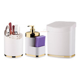 Kit Lixeira Porta Detergente Escorredor Talheres Dourado Pia