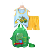 Conjunto Infantil Bermuda Chaleco Y Bolso Animado Dinosaurio