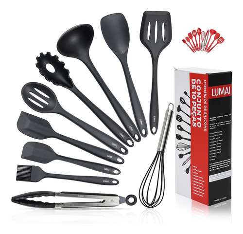 Lumai Utensil Silicone Premium Set Conjunto 10 Utensílios De Cozinha Cor Preto Escumadeira Colheres Espatulas Pegador