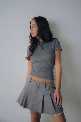 Pollera Mini Gabardina Tableada Moda Mujer Negro Gris