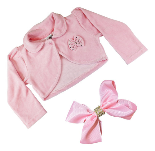 Bolero Casaco Infantil Plush Com Laço Rosa Festa Casamento