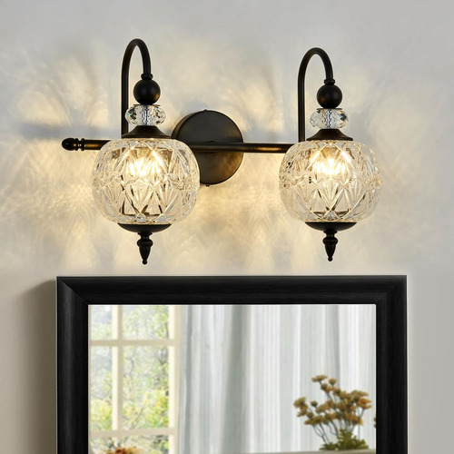 Modern 2 Lights Vanity Light Black Glass Globe Lampshade Wal