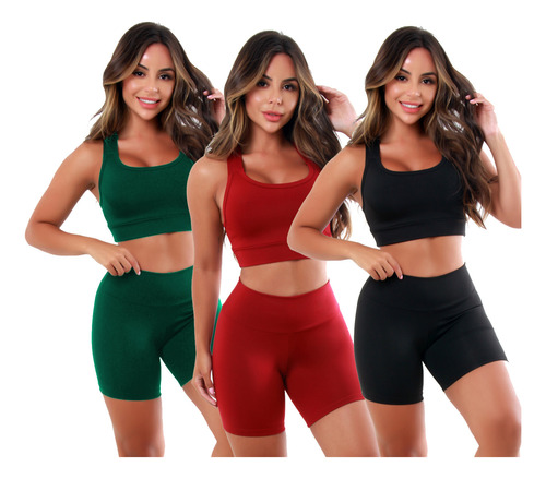 Kit 3 Conjuntos Fitness Feminino Top E Short Roupas Academia