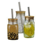 Set 8 Vasos Mason Jar C/ Tapa De Estaño, Bambú Y Popote 32pz