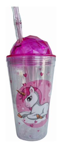 Vaso Con Sorbete Unicornio Doble Pared 450 Ml Acrilico