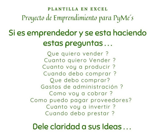 Plantilla De Excel - Proyecto De Emprendimiento Para Pyme´s