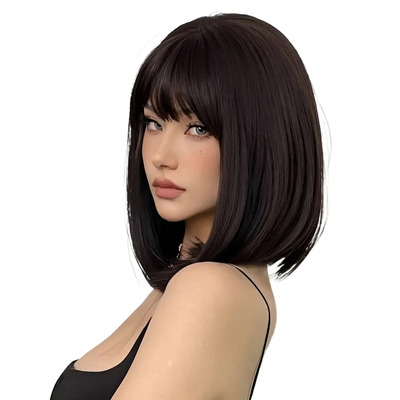 Peluca Corta Para Mujer Con Flequillo, Corte Bob, Corona Alt