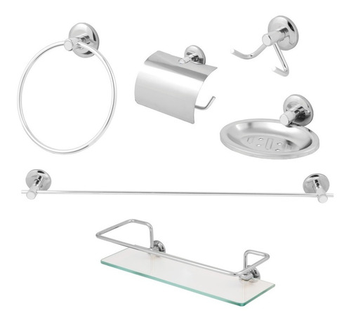 Kit Acessórios Para Banheiro Inox + Porta Shampoo Vidro Reto