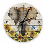 Reloj De Pared Redondo Madera 12'' Elefante Y Girasoles