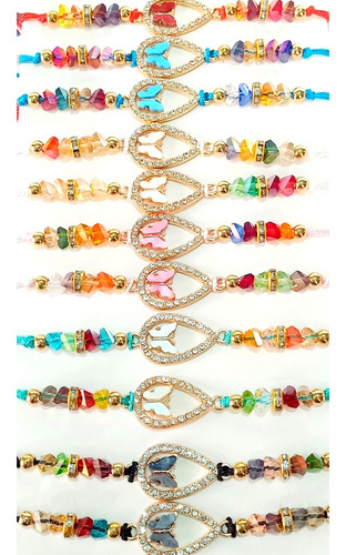 Set 12 Pulseras Mariposas Nacar Con Piedra Estilo Cristal 